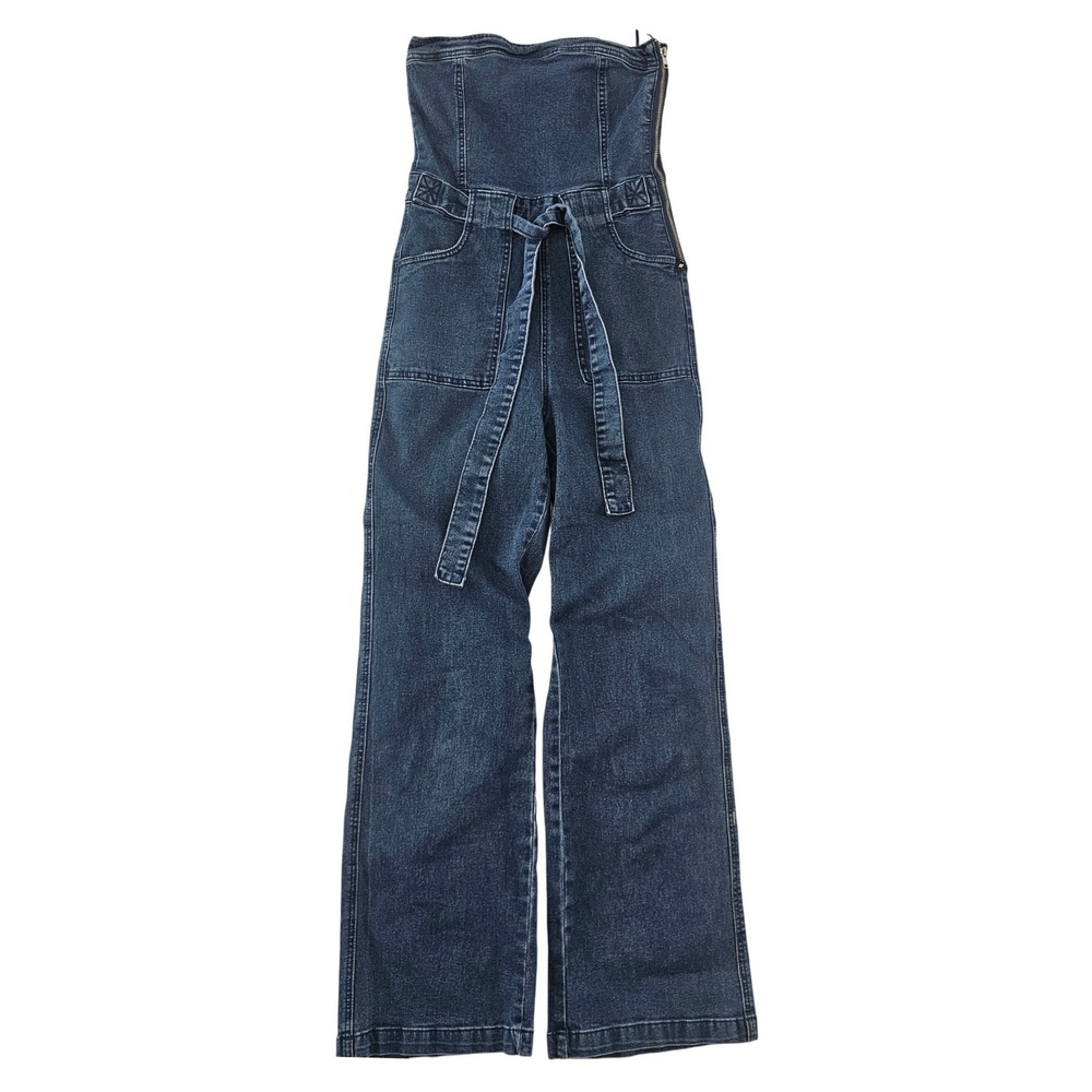 ANWND Strapless Denim Jumpsuit Dark Wash‎ Wide Leg Belted One Piece Indigo